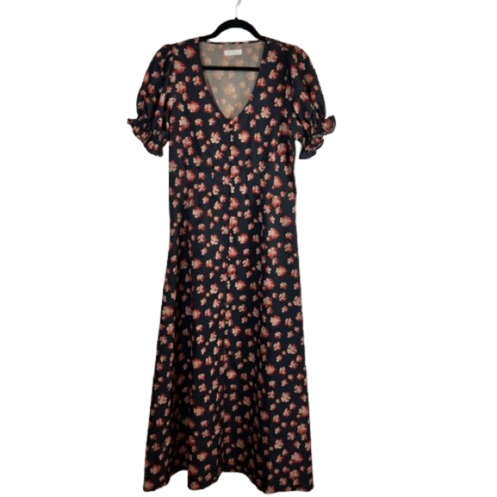 Outerknown Women’s Kira Maxi Dress Floral Puff Sleeve Black Red Size M